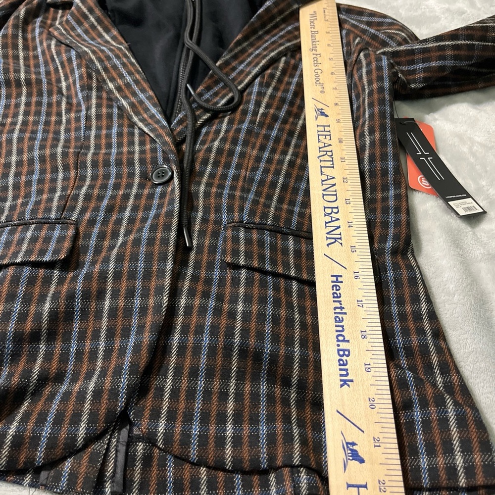 LIVERPOOL Women M Blazer Jacket Removable Hoodie Brown Tan Blue Plaid New Defect - Picture 13 of 16